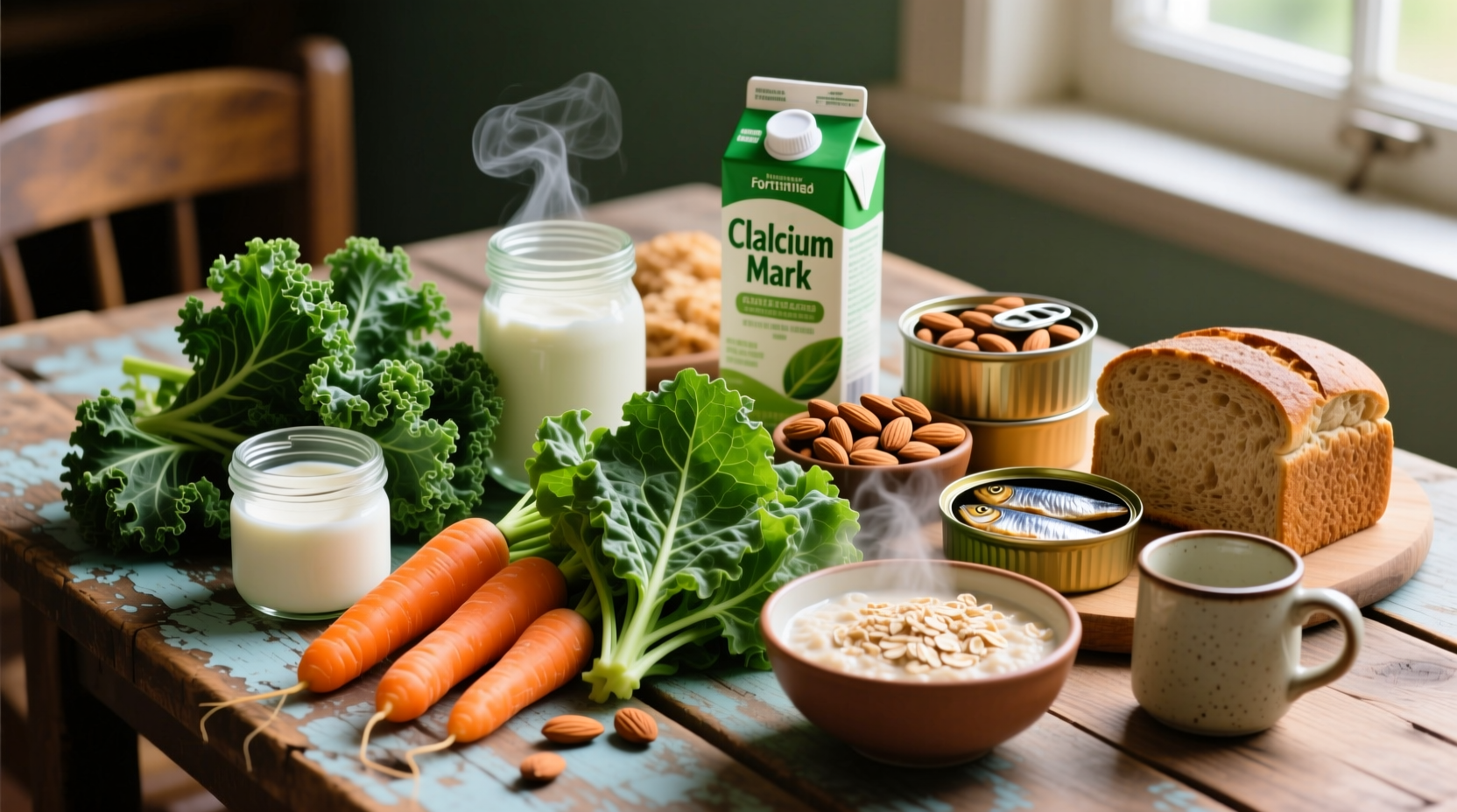 Colorful array of calcium-rich foods on wooden table