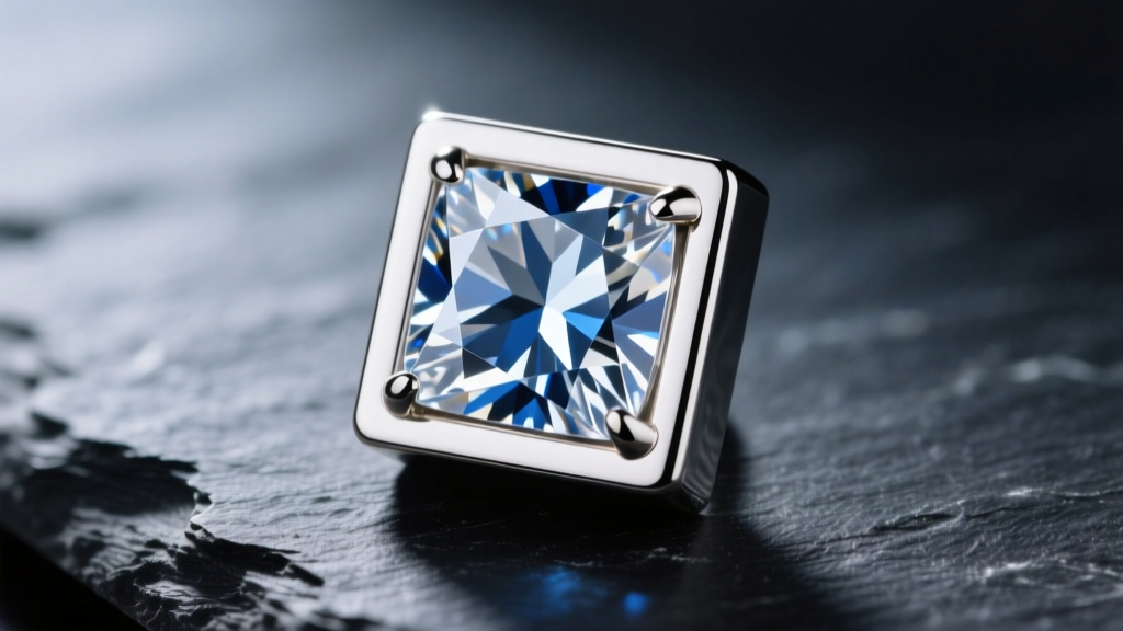 Macro shot of a princess-cut diamond in a 14k white gold square box bezel setting on dark slate, highlighting sharp corners