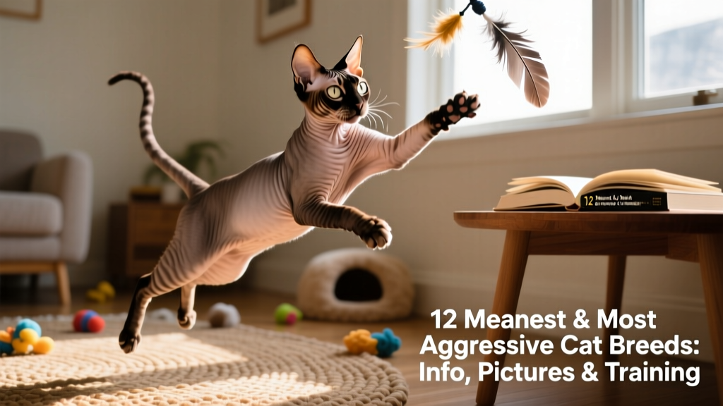 Cornish Rex cat mid-play, leaping toward a dangling toy with focused expression