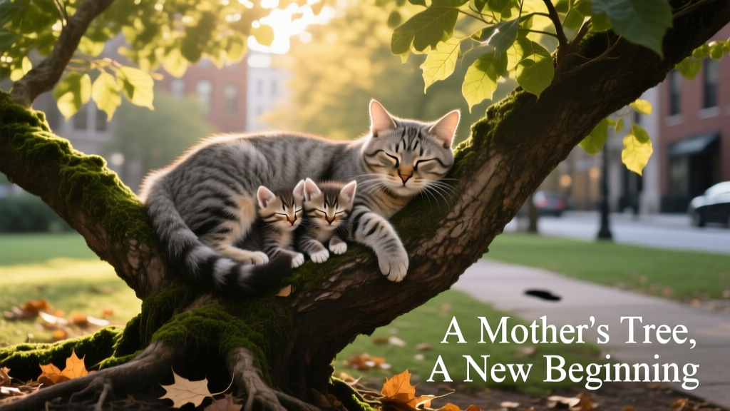 Gray tabby cat resting comfortably in the fork of a leafy tree branch, with three tiny kittens nestled nearby