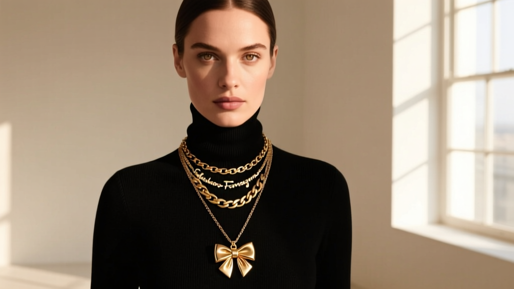 Elegant woman wearing layered Salvatore Ferragamo necklaces over a black turtleneck, highlighting gold Gancini and Vara bow pendants.