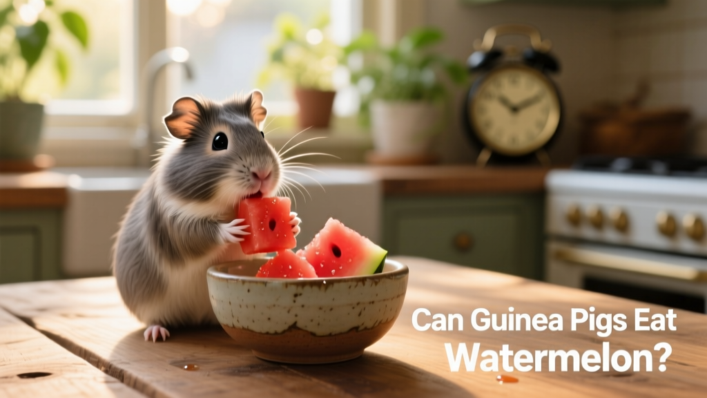A guinea pig nibbling a small, bright red watermelon cube from a ceramic bowl