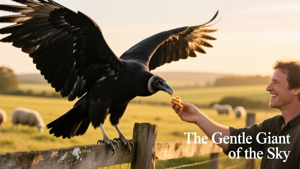 Black vulture spreading its wings in sunlight on a fence