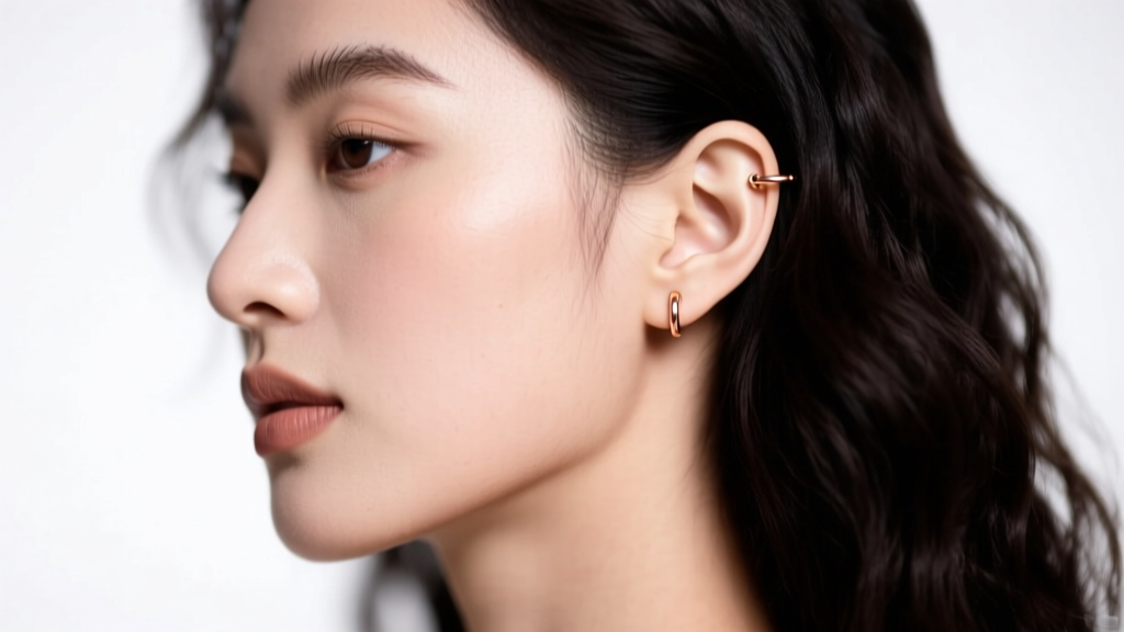 Side profile of a woman wearing a flat-back 16g 14k rose gold threadless stud in her upper helix piercing, soft studio lighting