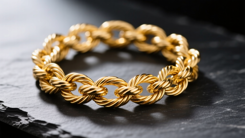 Close-up of a tangled 18k yellow gold cable chain on dark slate, lit by soft directional light to highlight the complex metal knots.