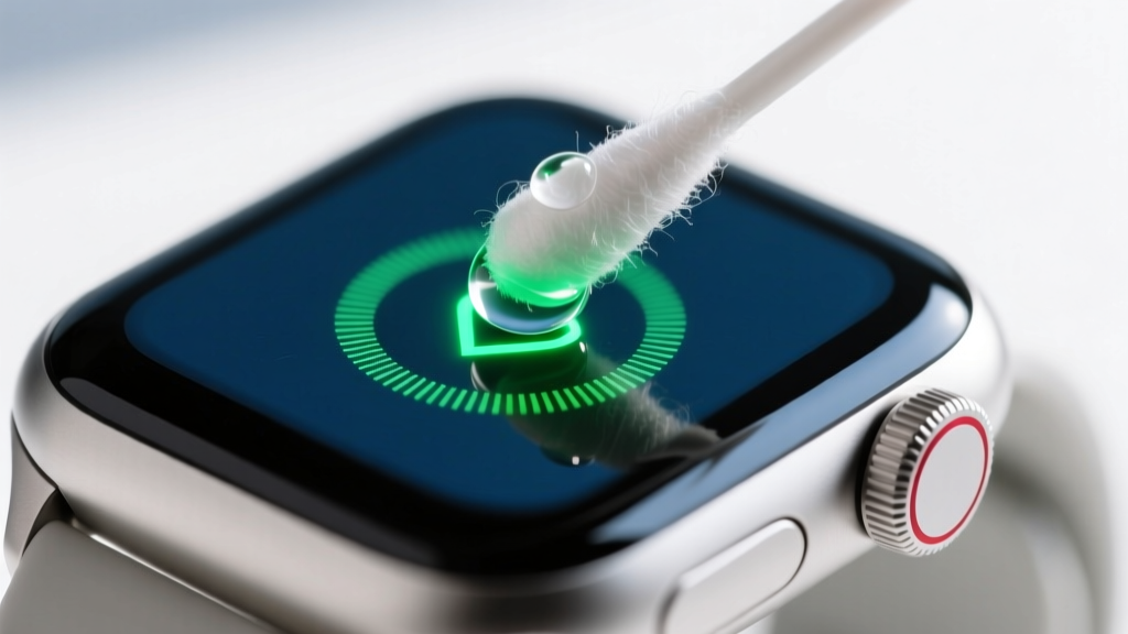 Macro close-up of a cotton swab dipped in isopropyl alcohol cleaning the green LED optical heart rate sensor on the back of a smartwatch