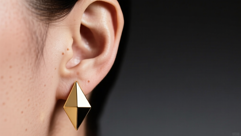 Macro shot of an ear wearing a sleek 18k gold geometric drop earring, illuminated by soft directional studio lighting