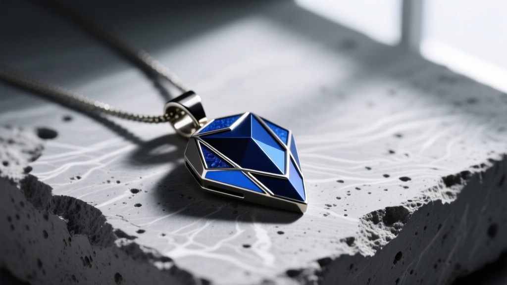 Matte-finished Grade 5 titanium pendant with deep blue anodized geometric accents on a textured charcoal concrete surface.
