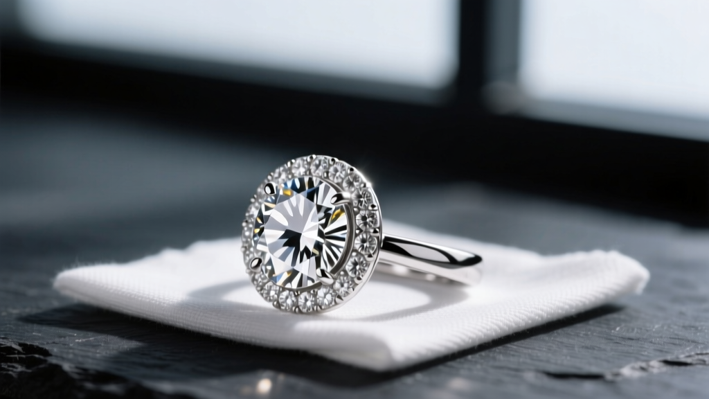 Side profile of a sparkling platinum diamond ring drying on a lint-free microfiber cloth against a dark slate stone background.