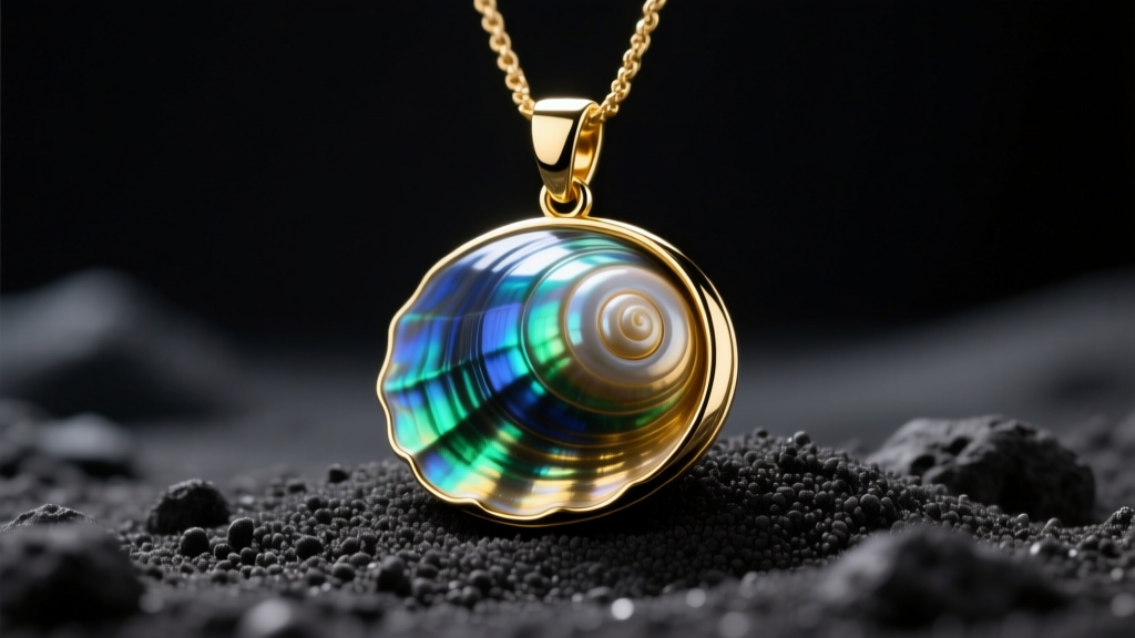 Polished blackfoot opihi shell pendant in a 14k gold bezel resting on dark volcanic sand under soft natural light.