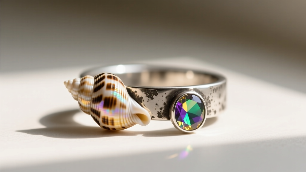 Macro shot of an oxidized sterling silver ear cuff featuring a tiny tiger cowrie shell and a single rainbow moonstone cabochon.