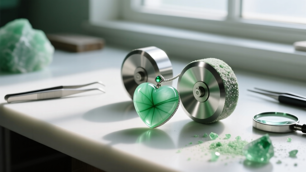 Lapidary workbench showing a partially carved translucent green chrysoprase candy heart pendant next to diamond polishing wheels.