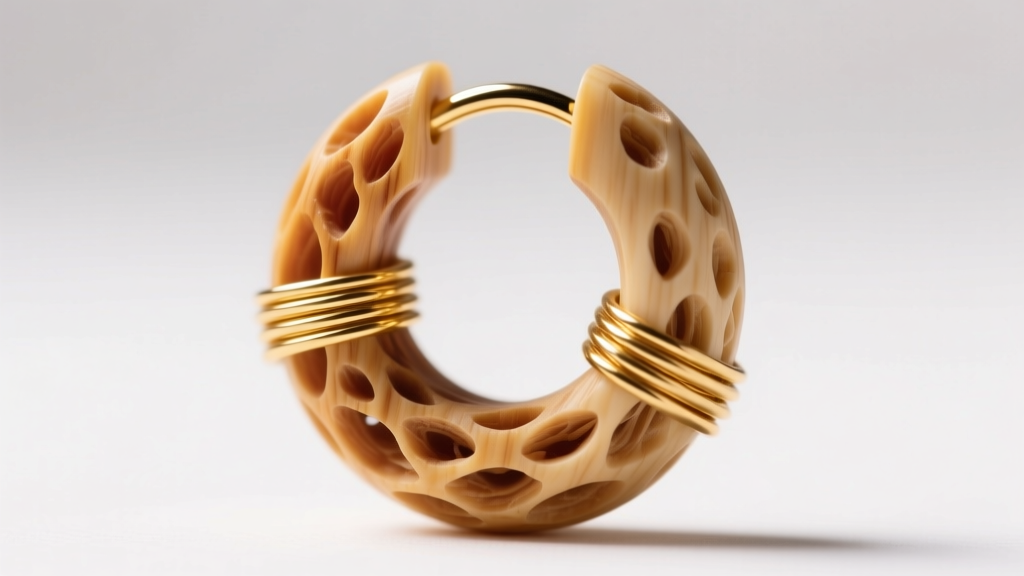Macro shot of 18-gauge gold wire threading through a carved vegetable ivory huggie hoop, highlighting the porous grain texture.