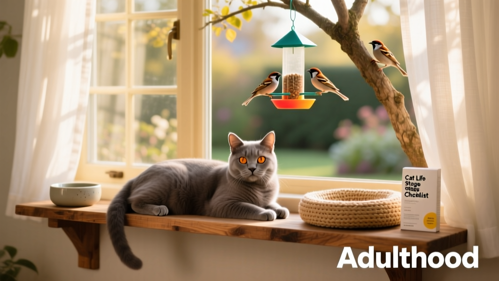 An adult cat lounging comfortably on a wall-mounted shelf near a sunny window with a bird feeder visible outside