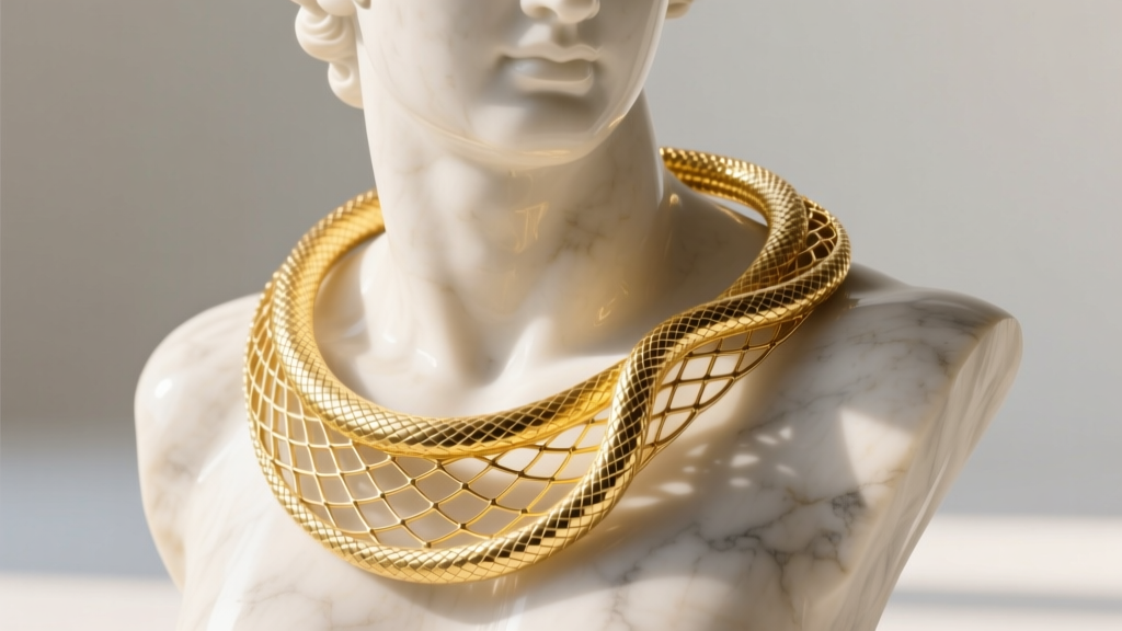14k yellow gold cobra necklace draped over a bust showing its flat fluid mesh drape and a highly reflective polished metal finish