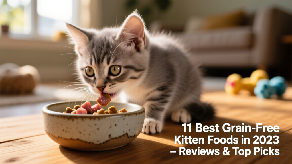 Close-up of a playful 8-week-old kitten eating from a shallow ceramic bowl filled with moist, meaty kibble