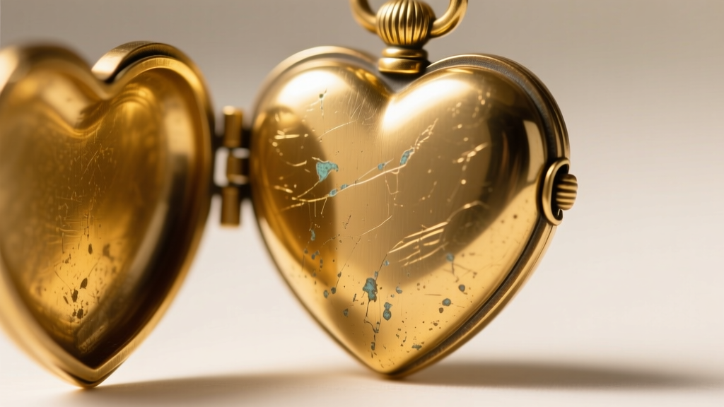 Macro shot of a vintage gold heart locket hinge showing minor brass wear and patina under bright, directional studio lighting.