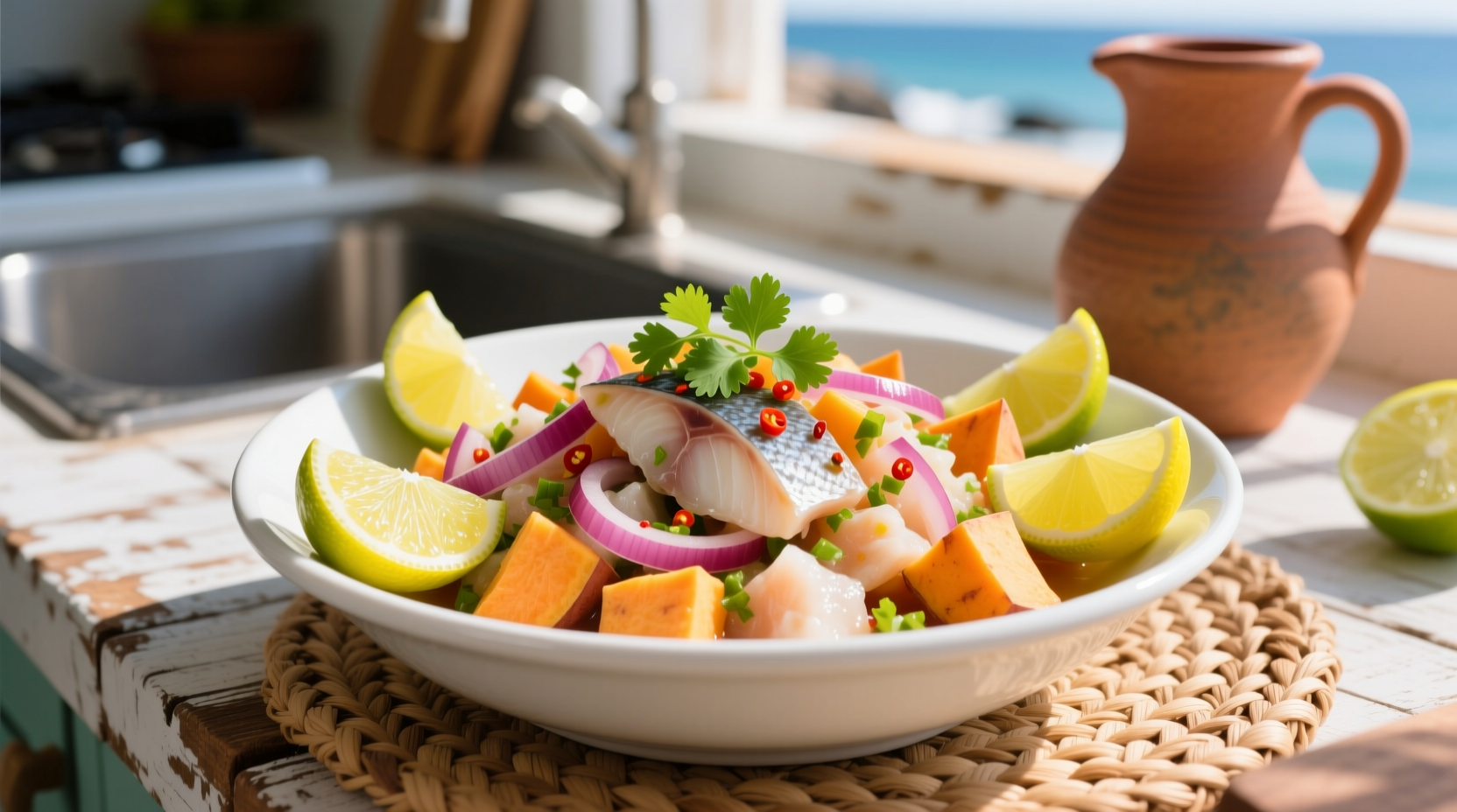 Fresh ceviche with lime wedges and sweet potato