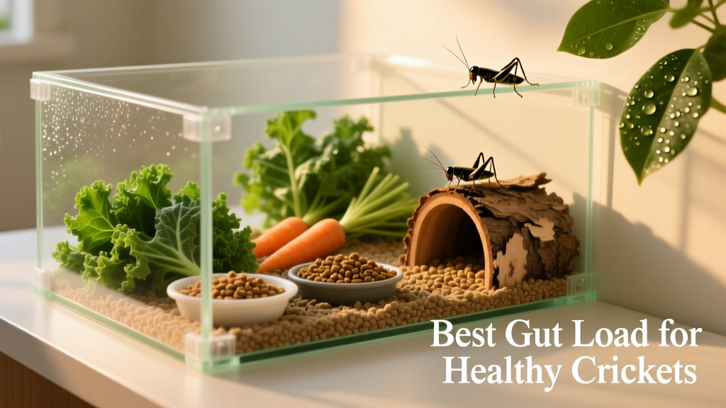 A clean, well-organized cricket enclosure with fresh greens and gut-loading food visible