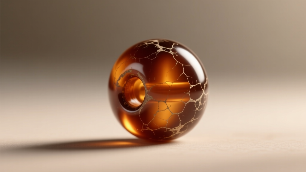 Macro photography of a vintage Bakelite bead showing deep caramel translucency and minor surface crazing under warm directional light