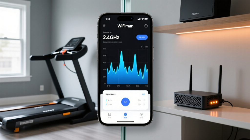 Smartphone screen displaying the WiFiman app 2.4GHz spectrum analyzer showing signal spikes near a home gym treadmill and mesh router node