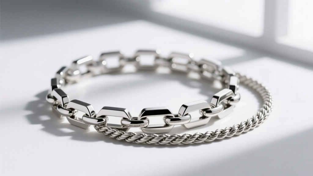 Sterling silver box chain and rope chain layered together, highlighting contrasting geometric and twisted metal textures.