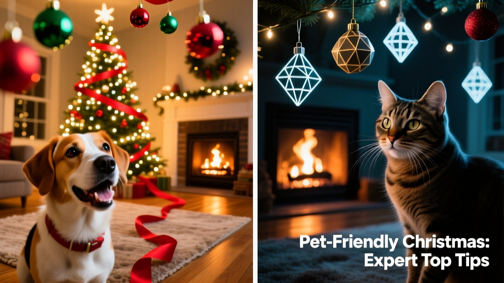 Side-by-side visual comparison showing how a traditional holiday scene appears through a dog’s eyes (left) and a cat’s eyes (right)