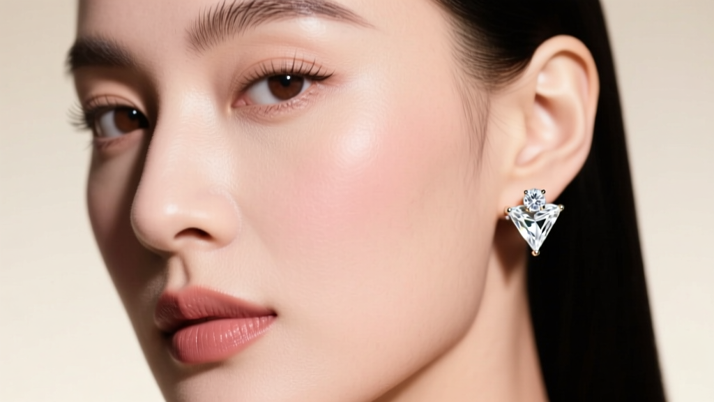 Close-up of a woman wearing one-carat lab-grown diamond stud earrings in white gold martini settings under soft studio lighting