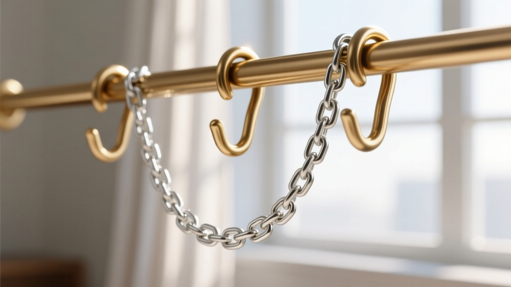 Brass hooks with acid-free felt holding a delicate silver chain without kinking links, captured in bright natural window light