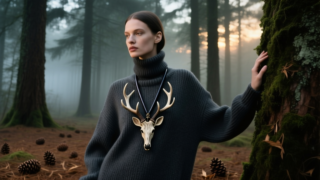 Model in chunky turtleneck wearing a dark leather cord and carved fallow deer antler pendant, posed in a dimly lit pine forest.