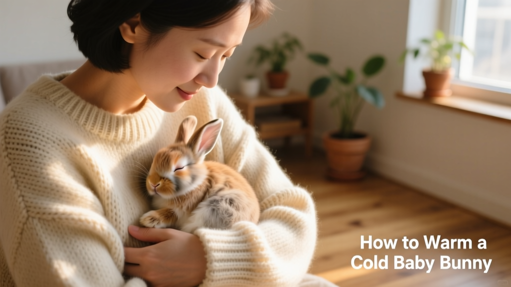 A person holding a newborn bunny close to their chest under clothing for warmth