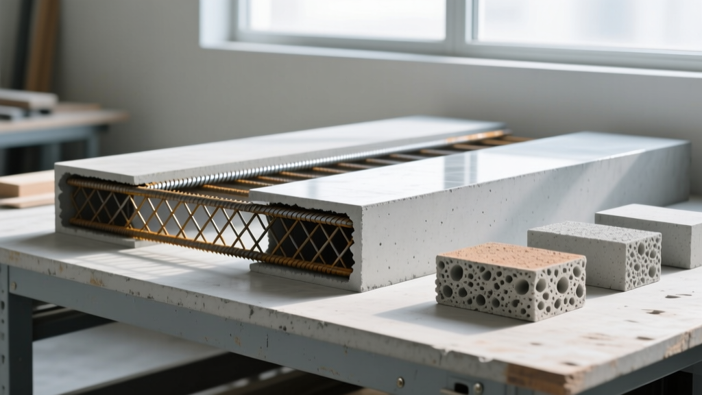 Reinforced concrete slab cross-section with exposed rebar beside polished decorative and porous pervious concrete cores on a workbench.