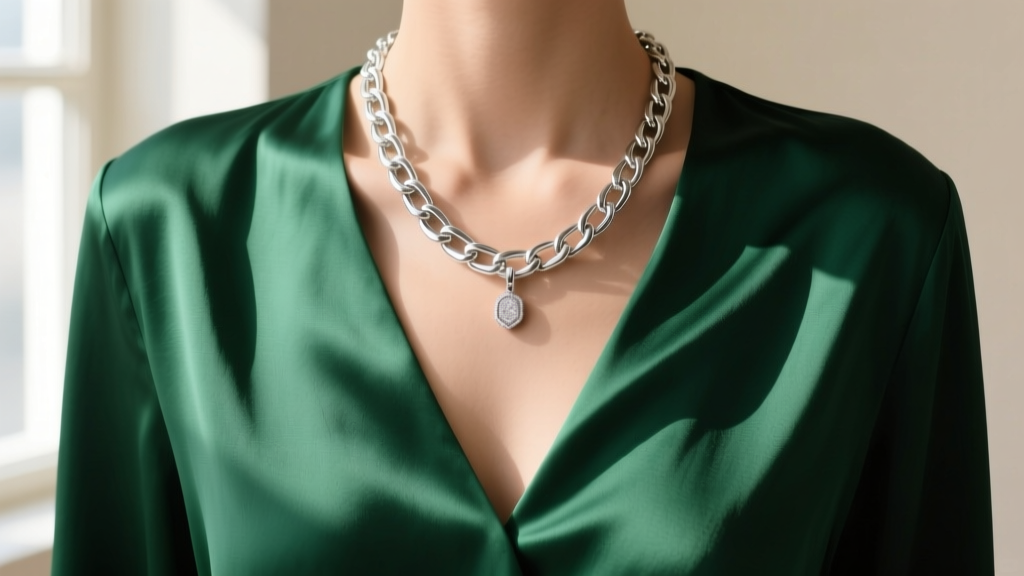 Close-up of an 18 inch sterling silver box chain paired with a deep v-neck silk blouse highlighting the pendant placement