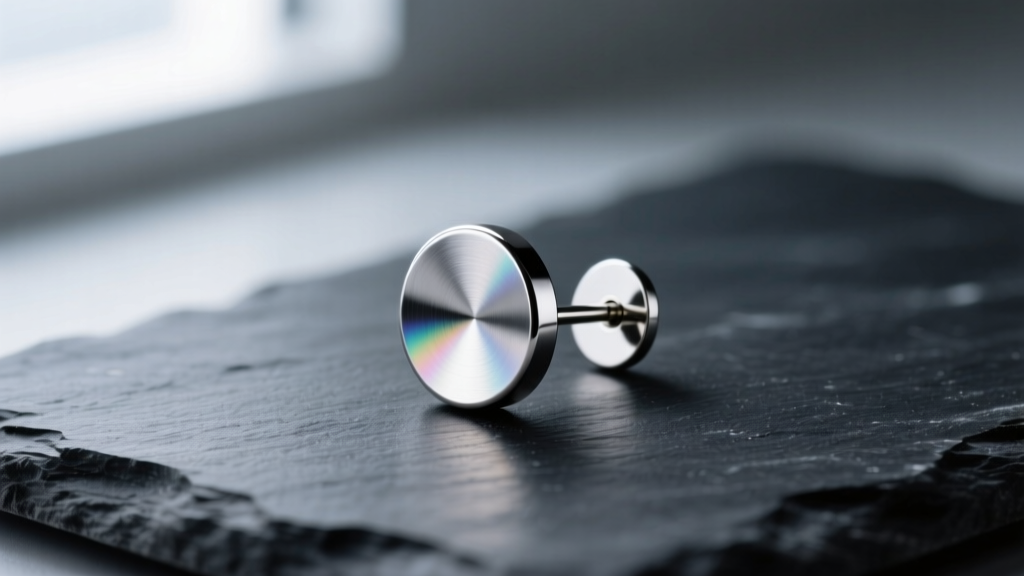 Macro photography of an ASTM F136 implant-grade titanium flat back earring post with a mirror-polished finish, resting on a dark slate surface