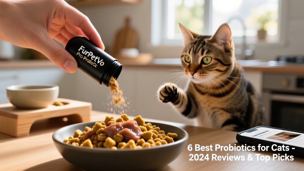 Hand pouring FurPetVo Pro Plan powder from a capsule onto a bowl of wet cat food