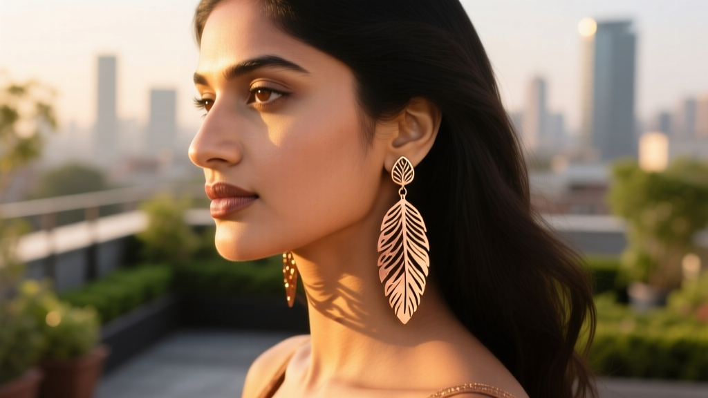 Portrait of a woman wearing long Indian-inspired drop earrings with laser-cut copper feathers, lit by warm golden hour sunlight