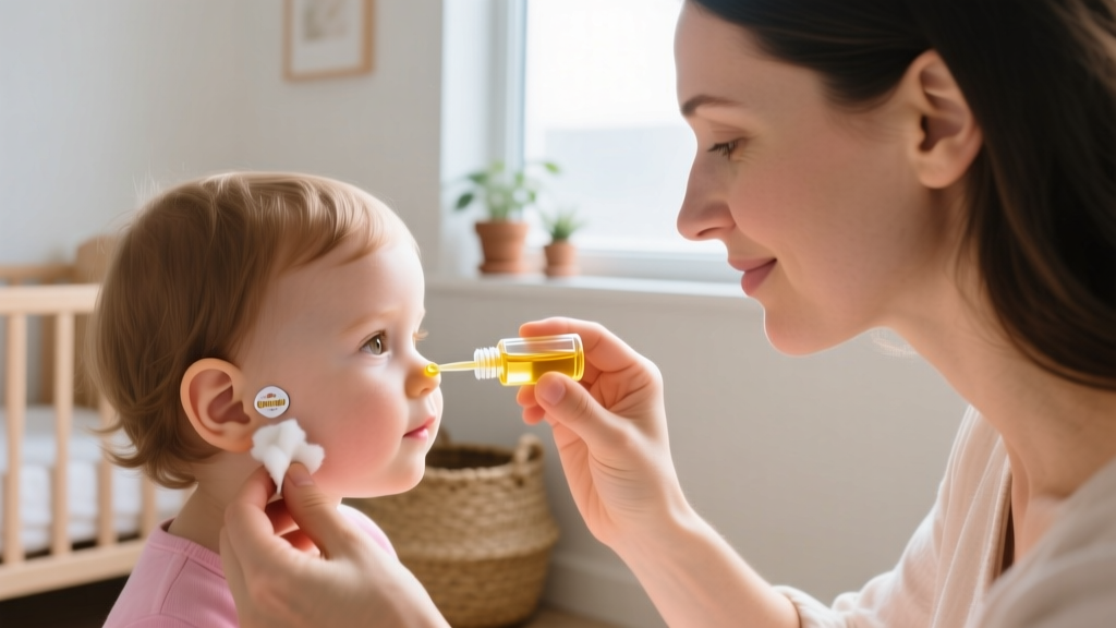 A mother gently applying organic jojoba oil with a cotton swab to safely remove a sticker earring from her toddler