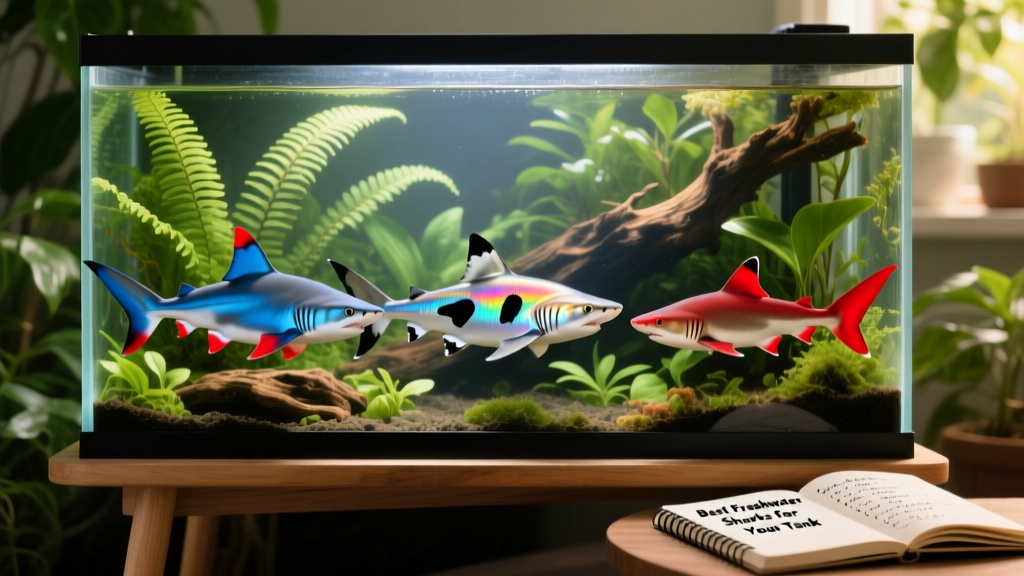 Side-by-side comparison of three popular freshwater 'sharks': Roseline Shark, Rainbow Shark, and Red Tail Shark in a well-planted aquarium