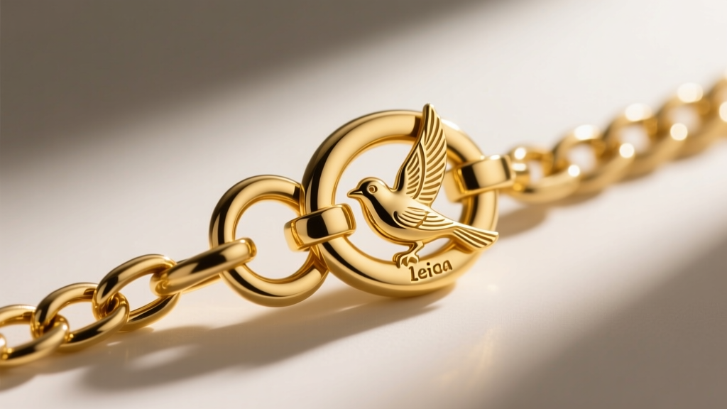 Macro photography of a heavy 14k gold box chain clasp with a figure-eight safety catch securing a detailed bird charm.