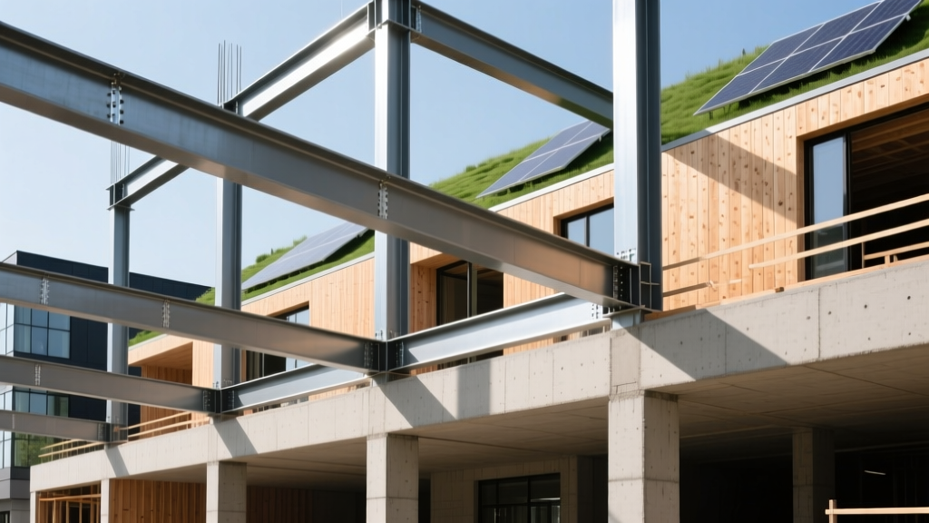 Steel beams beside cross-laminated timber and concrete foundations at an eco-friendly commercial building construction site