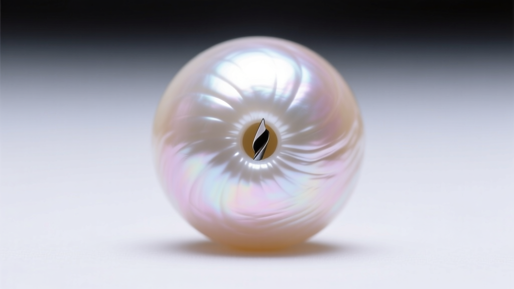 Macro photo of Akoya pearl surface showing natural microscopic ridges and a clean drill hole under bright studio lighting setup