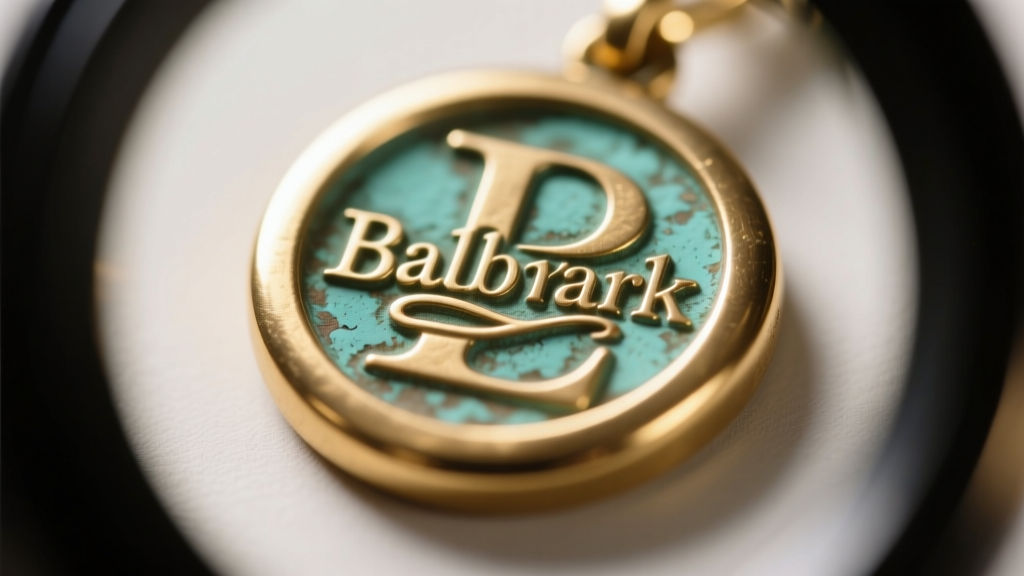 Macro photo of a stamped jewelry hallmark on brass, showing crisp lettering and slight patina under a bright jeweler's loupe light.