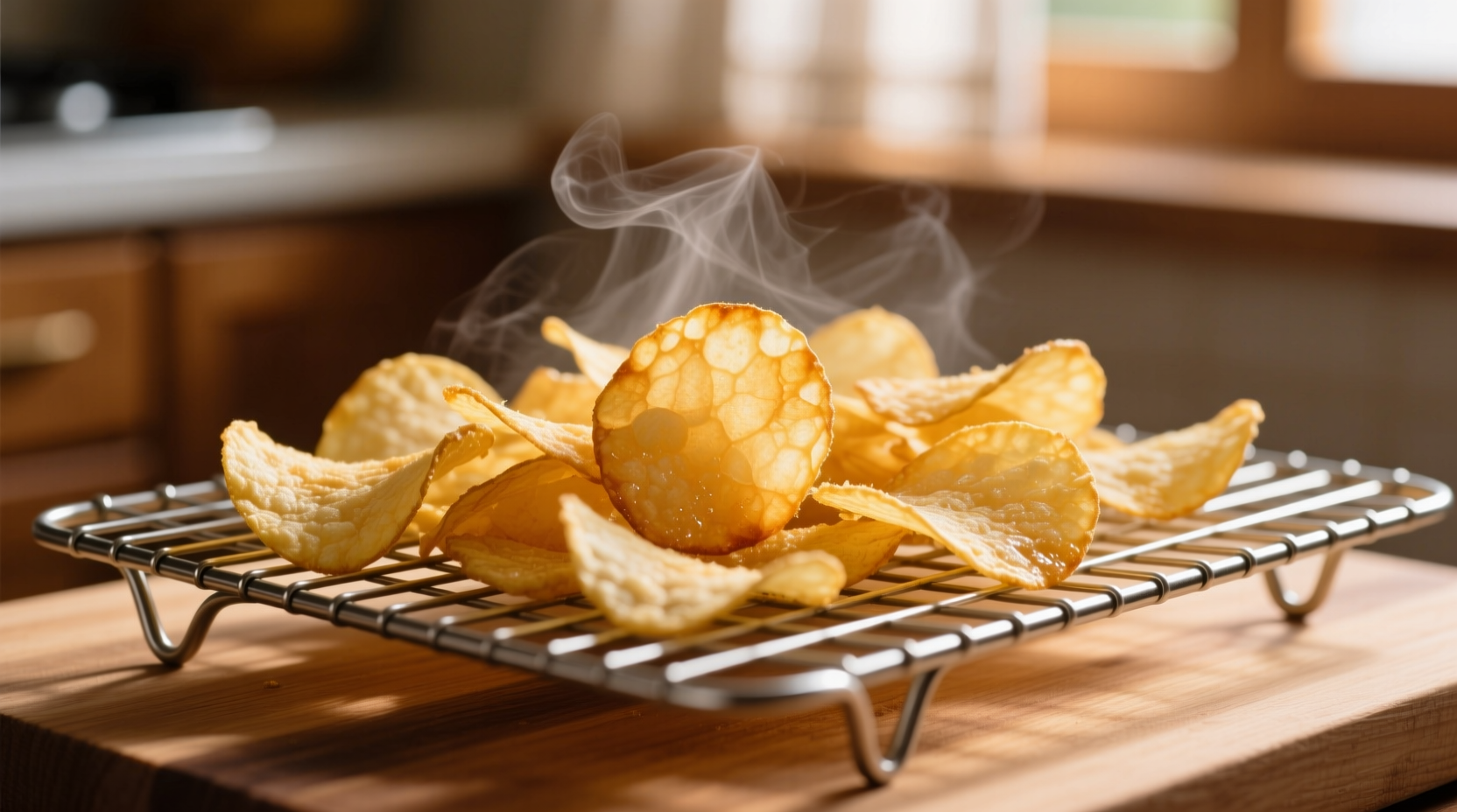 Freshly fried golden potato chips in a wire rack