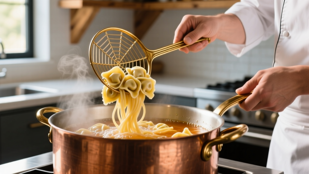 Chef hands using a traditional brass wire spider skimmer to lift delicate agnolotti from a rolling boil in a large copper stockpot