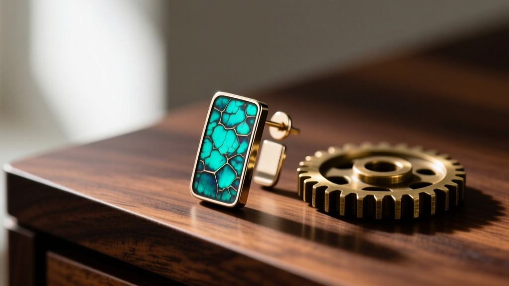 Macro shot of an anodized aluminum Thomas Mann earring showing vibrant teal patina beside a raw brass gear on a dark wood desk