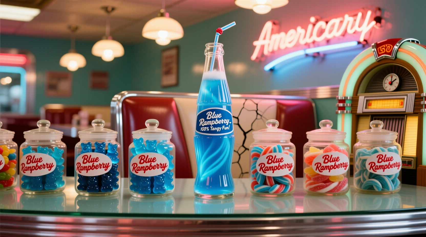 Blue raspberry flavored candy and drink products on display
