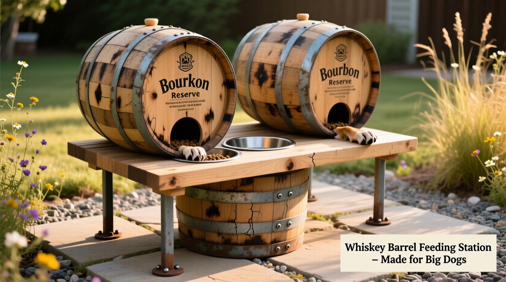 how to repurpose old whiskey barrels into functional pet feeding stations for large dogs