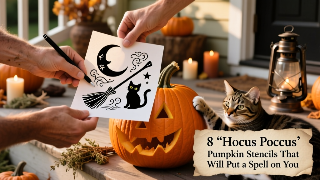 Close-up of hands transferring a printed 'Hocus Pocus' stencil onto a pumpkin using transfer paper and a stylus