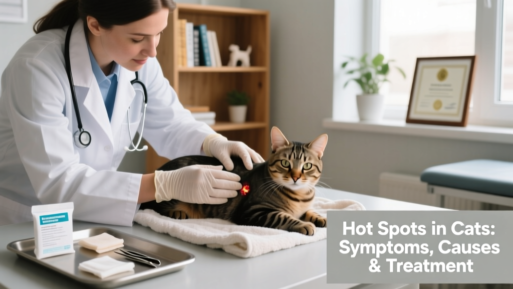 Veterinarian gently examining a cat’s hot spot while wearing gloves, with antiseptic supplies nearby