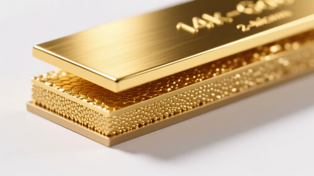 Microscopic cross-section diagram showing gold plating thickness over brass compared to solid fourteen karat gold.